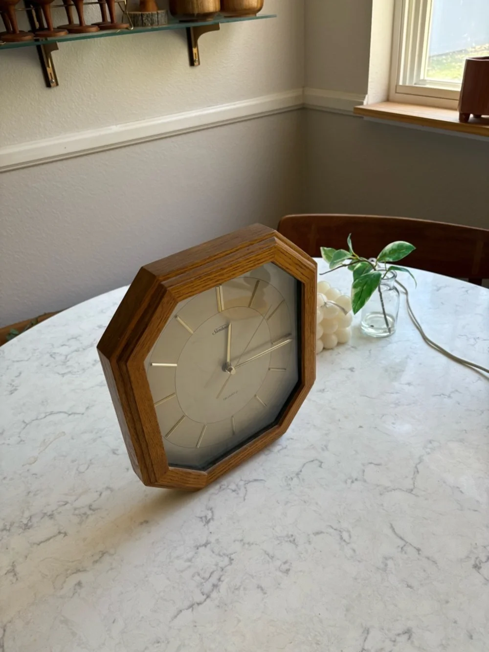 Vintage Sunbeam Quartz Octagonal Wall Clock in Cream and Wood